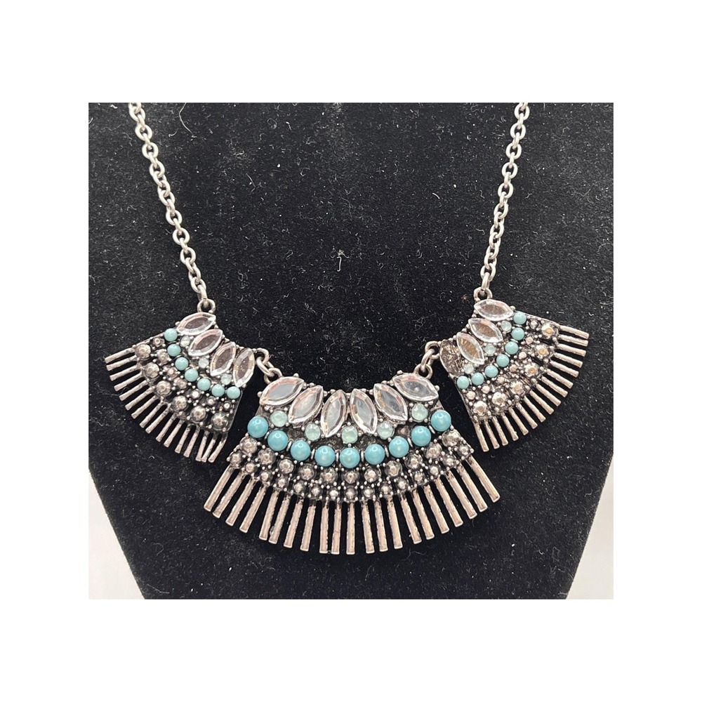 Silver Tone Fan Bib Necklace Faux Turquoise Southwestern Statement 18"